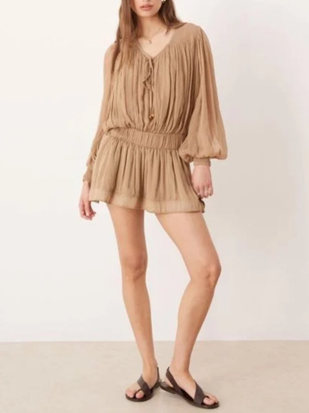 Free People Natural Sunbeam Long Sleeve Mini Dress in Tannin - Picture 5 of 10